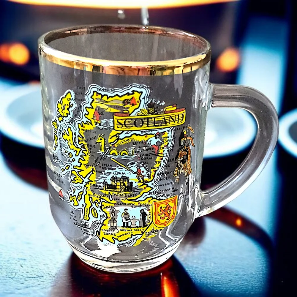 Vtg Scotland Souvenir Glass Mug Cup Gold Trim Transfer Ware‎ Map Highland Arts